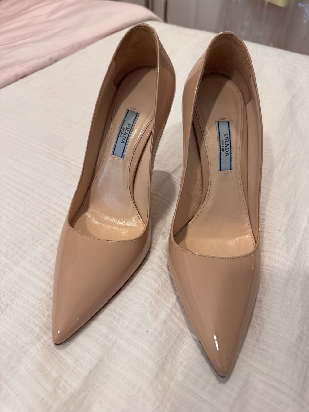 Prada Beige Patent Leather Pointed Toe Pumps